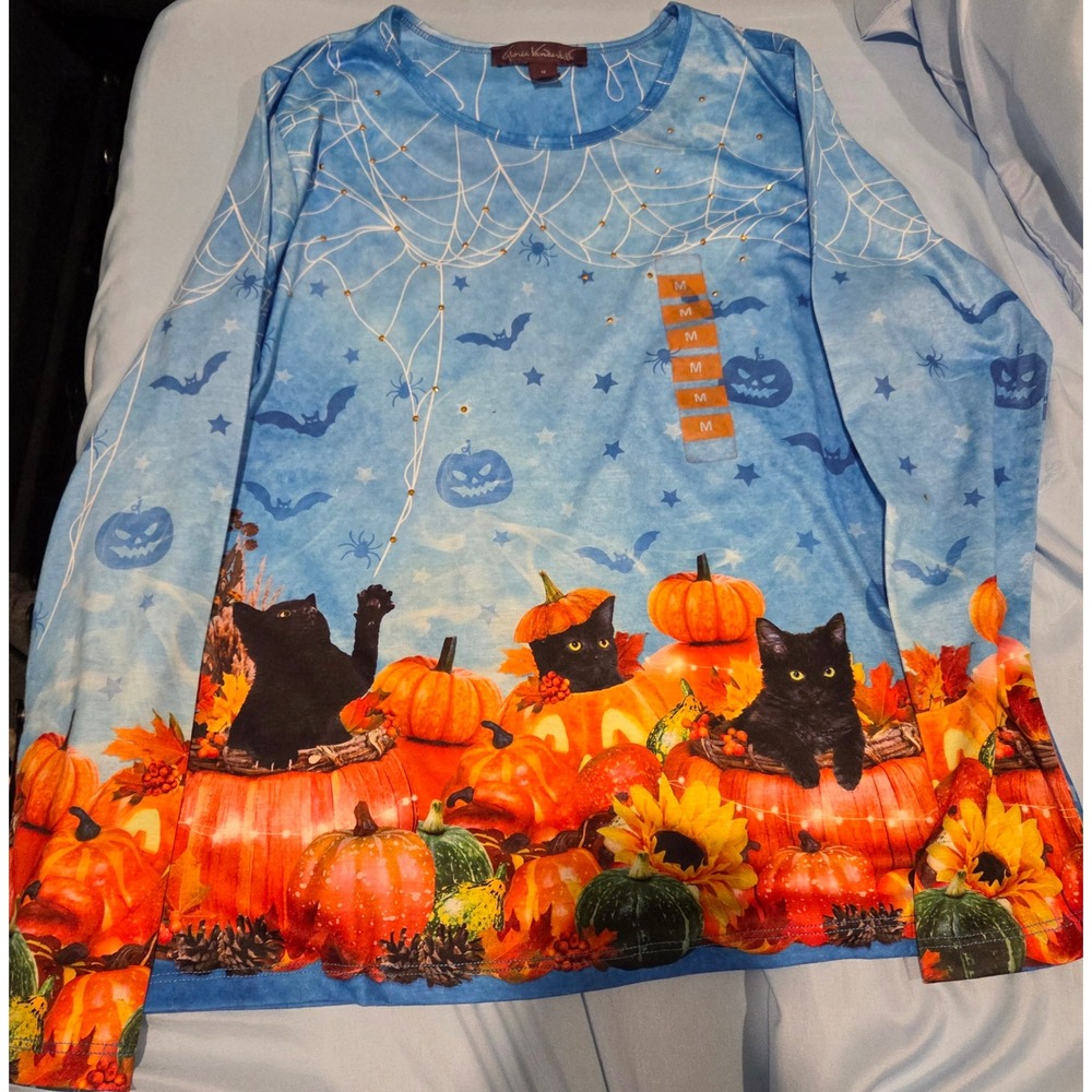 Gloria Vanderbilt Halloween Black Cat Pumpkin Studded Blue Long Sleeve Top M